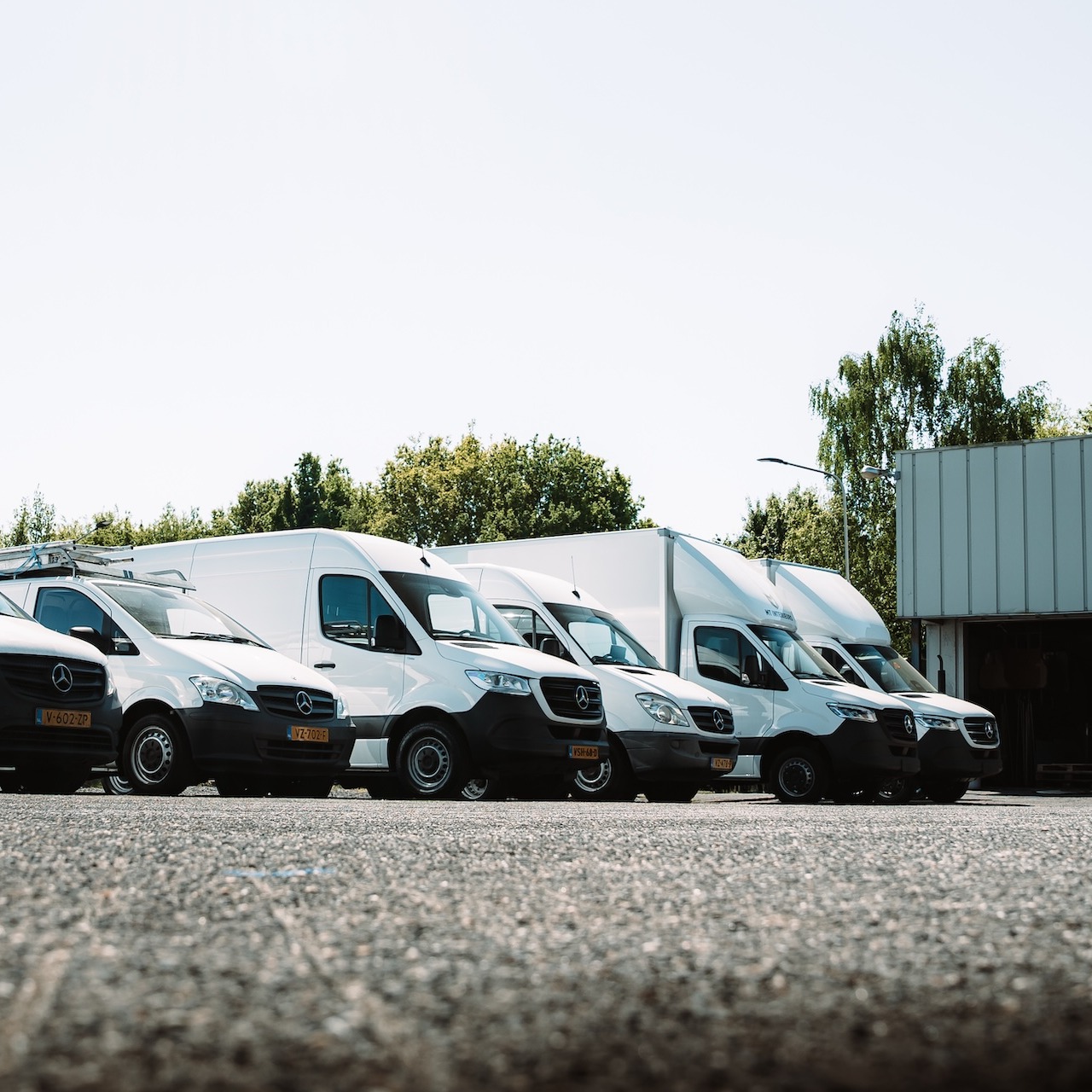 Rij met Mercedes-Benz koelwagens en vrieswagens op het terrein van BW Rijkers in Valkenswaard